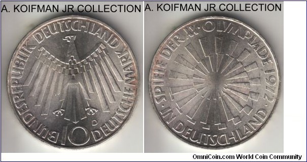 KM-130, 1972 Germany 10 mark, Munich mint (D mintmark); silver, lettered edge; business strike, Munich Olympics commemorative - 