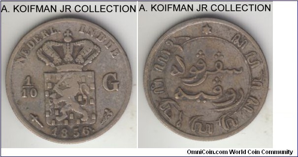 KM-304, 1856 Netherlands East Indies 1/10 gulden, Utrecht mint; silver, reeded edge; Willem (William) III, good fine.
