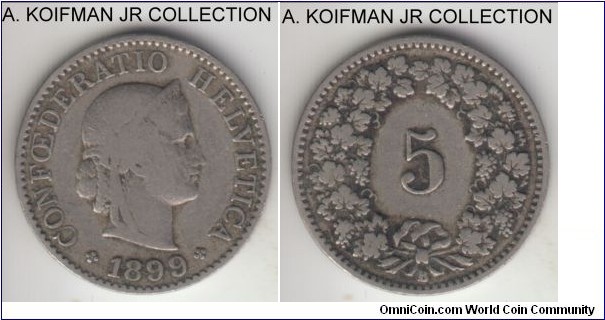 KM-26, 1899 Switzerland 5 rappen; copper-nickel, plain edge; average circulated.