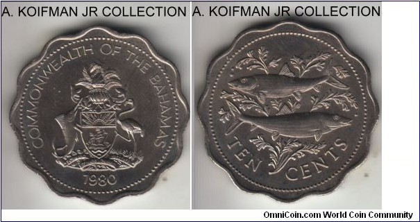 KM-61, 1980 Banamas 10 cents; copper-nickel, scalloped flan, plain edge; average uncirculated or almost.