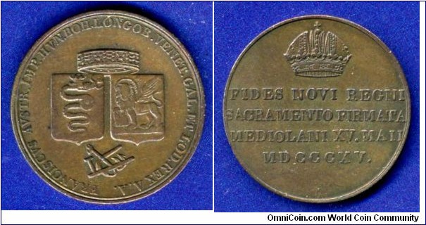 Copper coronation token for the re-coronation of Franz the First, Emperor of Austria as ruler of Northern Italy (Lombardy and Venice).
*FIDES NOVI REGNI SACRAMENTO FIRMATA MEDIOLANI XV MAII VDCCCXV* - 
A new reign was established on May 15, 1815.


Cu.