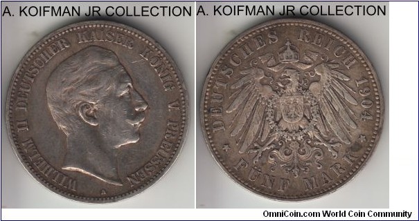 KM-523, 1904 German States Prussia 5 mark, Berlin mint (A mint mark); silver, lettered and ornamented edge; Wilhelm II, very fine or almost.