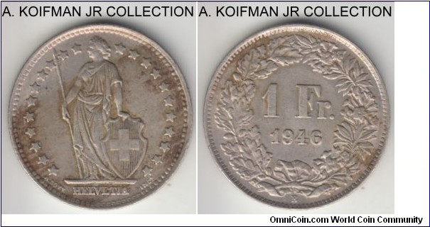 KM-24, 1946 Switzerland franc; silver, reeded edge; good very fine, obverse stained.