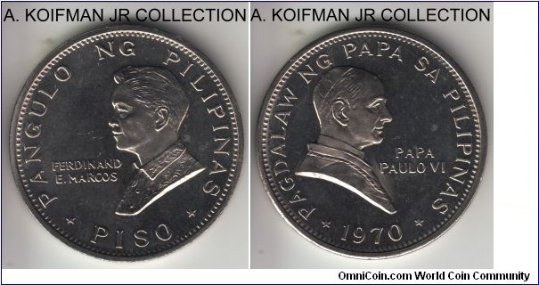 KM-202, 1970 Philippines piso; nickel, plain edge; pope Paul VI visit to Philippines commemorative issue, mintage 70,000, unusual in that the edge was smooth, proof like average uncirculated.