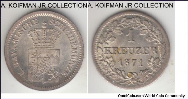 KM-873, 1871 German States Bavaria (Bayern) kreuzer; silver, plain edge; Ludwig II, last pre-unification small coin type, uncirculated, a couple of reverse yellow toning spots, probably due to low silver content.