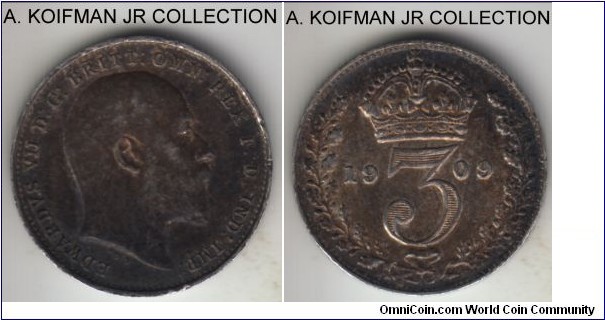 KM-797.2, 1909 Great Britain 3 pence; silver, plain edge; Edward VII, dark toned extra fine or almost, reverse is particularly nice, couple of very thin scratches on the head.