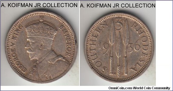 KM-1, 1936 Southern Rhodesia 3 pence; silver, plain edge; George V, first type, about extra fine details, obverse scratch.