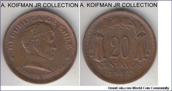KM-177, 1946 Chile 20 centavos; copper, plain edge; common issue, toned good extra fine or better.