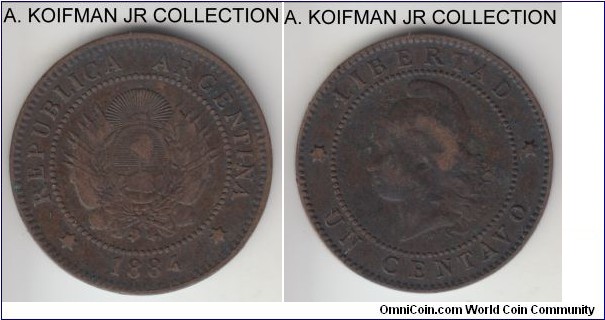 KM-32 (Prev KM-7), 1884 Argentina centavo; bronze, plain edge; brown good fine or so.
