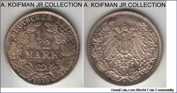 KM-17, 1918 Germany (Empire) 1/2 mark, Munich mint (D mint mark); silver, reeded edge; late Wilhelm II imperial coinage, good uncirculated, nicely toned.