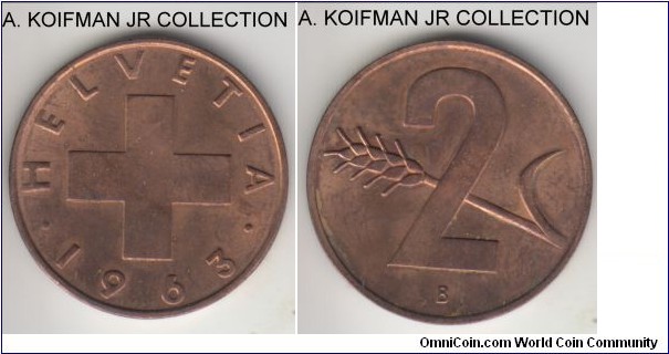 KM-47, 1963 Switzerland 2 rappen; bronze, plain edge; red brown uncirculated.
