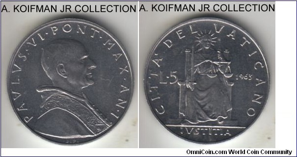 KM-78.1, 1963 Vatican 5 lire; aluminum, plain edge; Year I of Pope Paul VI, bright uncirculated, mintage 60,000.