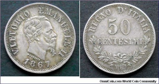 Italy 50 centesimi.
1867 (M) King Vittorio Emanuele II. Ag 835.