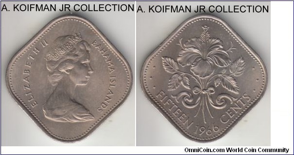 KM-5, 1966 Bahamas 15 cents; copper-nickel, square flan, plain edge; Elizabeth II, pre-independence, unusual denomination, toned uncirculated.