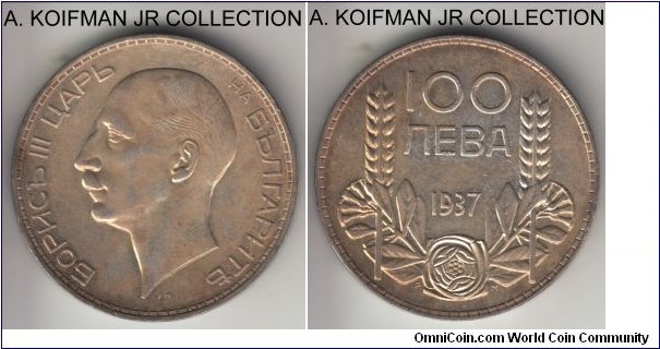 KM-45, 1937 Bulgaria 100 leva, Kremnica mint; silver, lettered edge; Boris III, large crown, toned almost uncirculated.