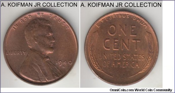 KM-132, 1940 Unites States of America cent, San Francisco mint (S mint mark); bronze, plain edge; Lincoln wheat ears type, nice mostly brown uncirculated.