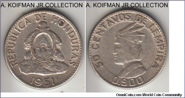 KM-74, 1952 Honduras 50 centavos de lempira, Philadelphia mint (no mint mark); silver, reeded edge; last year of the 4-year type, good very fine.