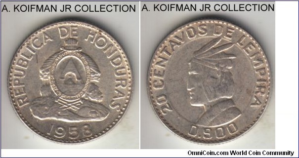 KM-73, 1958 Honduras 20 centavos de lempira, Philadelphia mint (no mint mark); silver, reeded edge; good extra fine to about uncirculated.