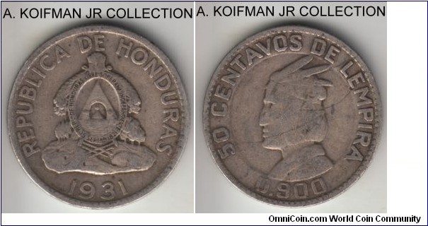 KM-74, 1931 Honduras 50 centavos de lempira, Philadelphia mint (no mint mark); silver, reeded edge; first year of the 4-year type, good fine.
