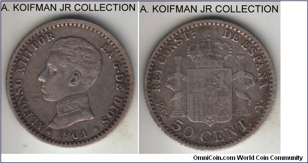 KM-723, 1904 (10) Spain (Kingdom) 50 centimos; silver, reeded edge; Alfonso XIII, very fine or almost, obverse scratches and cleaned.