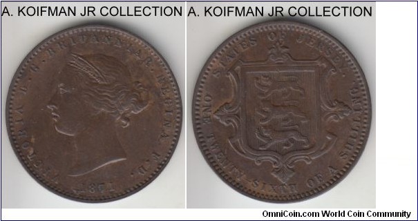 KM-4, 1871 Jersey 1/26'th of a shilling; bronze, plain edge; Victoria, nice brown good extra fine.