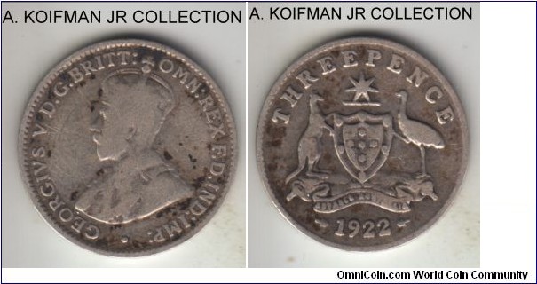 KM-24, 1922 Australia 3 pence, Melbourne mint (no mint mark); silver, reeded edge; George V, well circulated and worn.