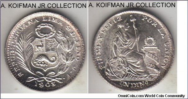 KM-204.2, 1903 Peru dinero; silver, reeded edge; overdate but can't tell which one exactly, nice bright lustrous with minor peripheral toning.