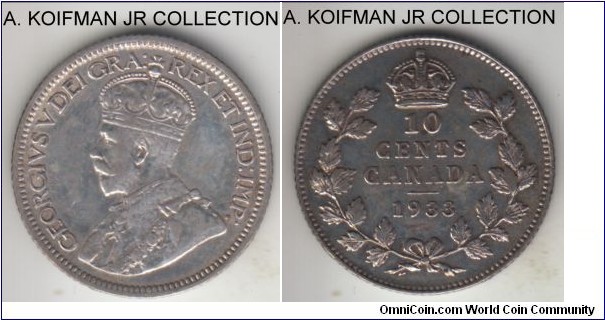KM-23a, 1933 Canada 10 cents; silver, reeded edge, late George V, smaller mintage, about extra fine details and cleaned.