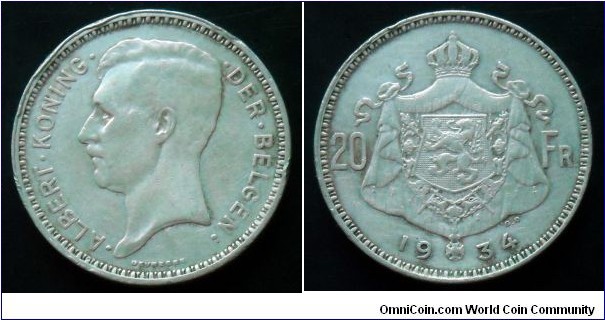 Belgium 20 francs.
1934, King Albert I. Dutch text. Ag 680.
