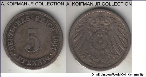 KM-11, 1901 Germany (Empire) 5 pfennig, Berlin mint (A mint mark); copper-nickel, plain edge; Wilhelm II empire, common coin, average circulated.