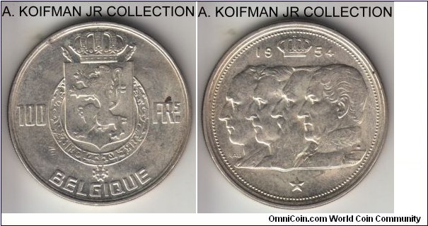 KM-138.1, 1954 Belgium 100 francs; silver, reeded edge; Baudouin, average uncirculated or almost.