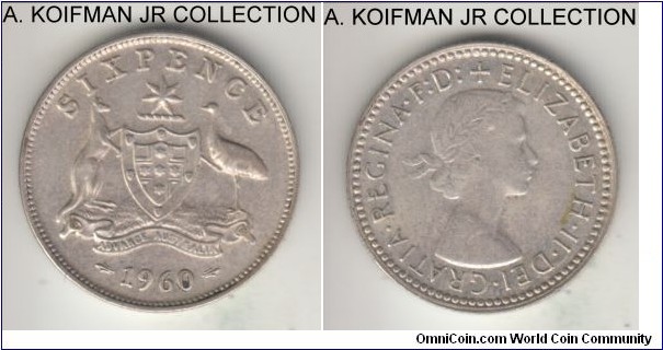 KM-58, 1960 Australia 6 pence, Melbourne (no mint mark); silver, reeded edge; late Elizabeth II, extra fine or so.