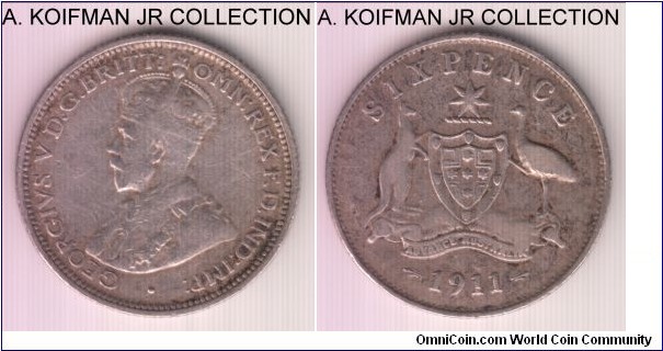 KM-25, 1911 Australia 6 pence, Royal Mint (London, no mint mark); silver, reeded edge; George V early mintage, first year of the type, good fine details, cleaned.