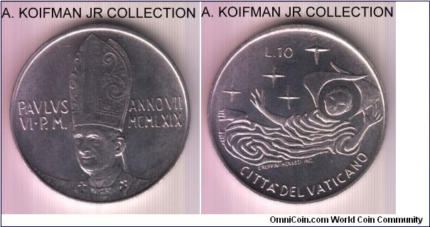 KM-111, 1969 Vatican 10 lire; aluminum, plain edge; Pope Paul VI, year VII, one year type, bright uncirculated, mintage 110,000.