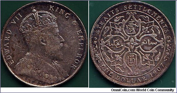 Straits Settlements 1907 H 1 Dollar.

The mintmark can be seen under the King's portrait.