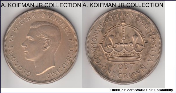 KM-34, 1937 Australia crown, Melbourne mint; silver, reeded edge; George VI coronation issue, unevenly toned but nice uncirculated coin.