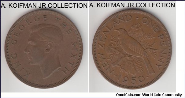 KM-21, 1950 New Zealand penny; bronze, plain edge; George VI, good extra fine.