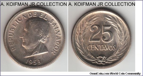 KM-137, 1953 El Salvador 25 centavos; silver, reeded edge; one year type, common but mostly found well circulated, this one is mint as struck, light obverse toning rom storage.