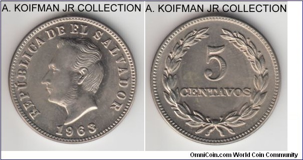 KM-134, 1963 El Salvador 5 centavos, Philadelphia mint; copper-nickel, plain edge; common, nice as minted.