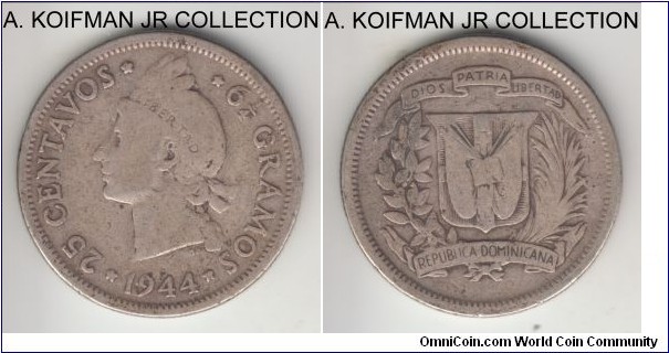 KM-20, 1944 Dominican Republic 25 centavos, Philadelphia mint; silver, reeded edge; very good or almost.
