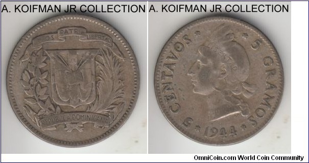 KM-18a, 1944 Dominican Republic 5 centavos, Philadelphia mint; silver, plain edge; darker toned due to low grade silver, fine or about.