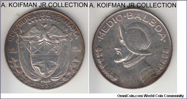 KM-12.1, 1933 Panama medio (1/2) balboa; silver, reeded edge; good very fine to extra fine details, polished and retoning.