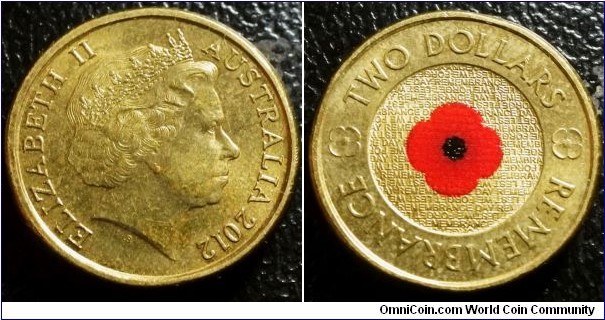 Australia 2012 2 dollars commemorating Remembrance Day - Red Poppy. Very low mintage of 0.5 million!!!