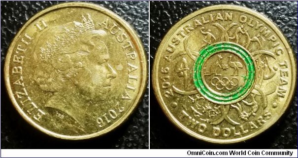 Australia 2016 2 dollars commemorating Rio Olympics - green ring. Low mintage of 2.0 million. 
