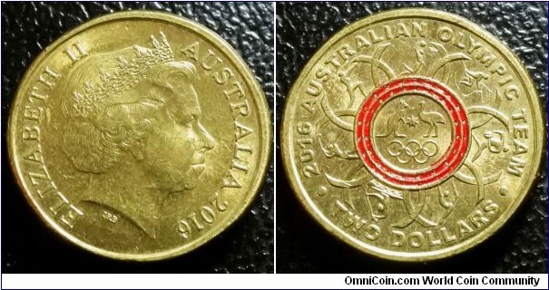 Australia 2016 2 dollars commemorating Rio Olympics - red ring. Low mintage of 2.0 million. 