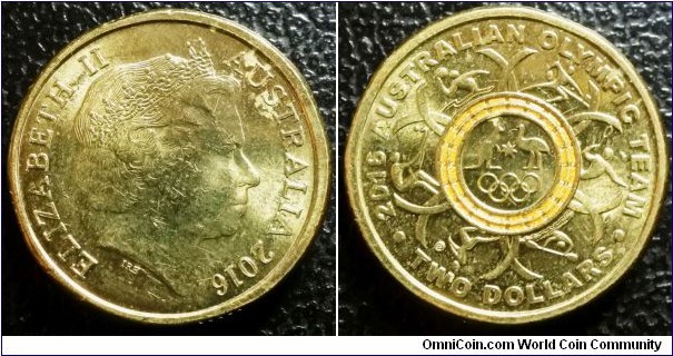Australia 2016 2 dollars commemorating Rio Olympics - yellow ring. Low mintage of 2.0 million. 