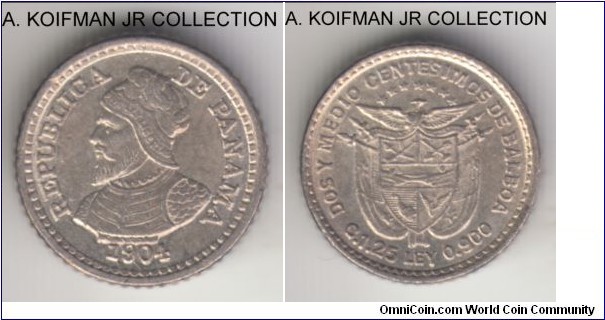 KM-1, 1904 Panama 2 1/2 centesimos; silver, reeded edge; 1-year tiny coin, relatively scarce, bright uncirculated.