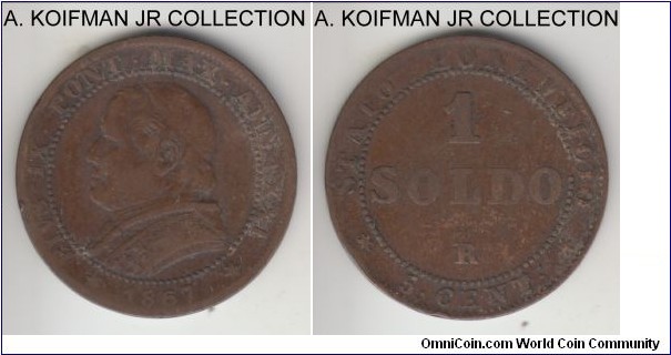 KM-1372.2, 1867 Papal States (Vatican) soldo; copper, plain edge; XXI year of Pius IX, transitional coinage to lira equivalent to 5 centisimi, small date variety, average circulated, fine or almost.