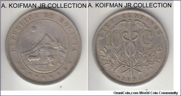 KM-174.2, 1895 Bolivia 10 centavos, Paris mint (fasces privy mark); copper nickel, plain edge; 1-year variety of the type, good very fine, light old cleaning.