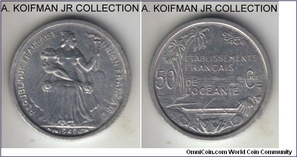 KM-1, 1949 French Oceania 50 centimes; aluminum, plain edge; French Overseas Territory, 1-year type, uncirculated, toned and a bit of aluminum rust on obverse.